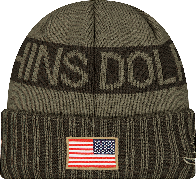 Miami Dolphins New Era Green 2025 NFL Sideline Salute To Service Cuffed Knit Hat