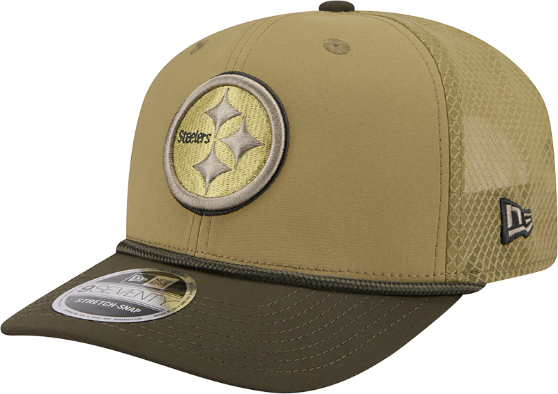 Men's Pittsburgh Steelers New Era Green 2025 Salute To Service Sideline 9SEVENTY Trucker Adjustable Hat
