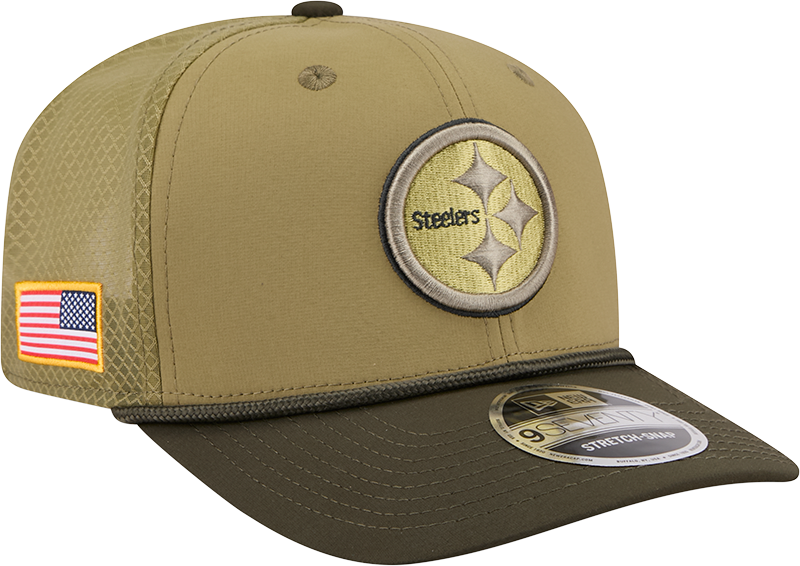 Men's Pittsburgh Steelers New Era Green 2025 Salute To Service Sideline 9SEVENTY Trucker Adjustable Hat
