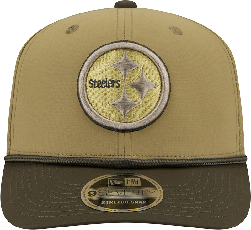 Men's Pittsburgh Steelers New Era Green 2025 Salute To Service Sideline 9SEVENTY Trucker Adjustable Hat