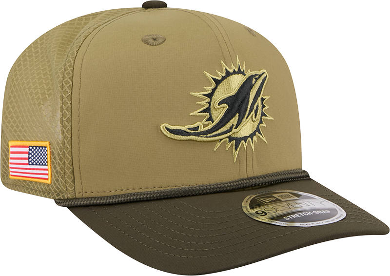 Men's Miami Dolphins New Era Green 2025 Salute To Service Sideline 9SEVENTY Trucker Adjustable Hat