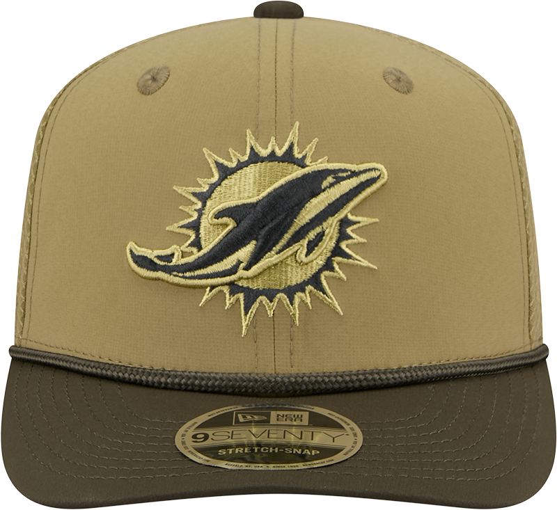 Men's Miami Dolphins New Era Green 2025 Salute To Service Sideline 9SEVENTY Trucker Adjustable Hat