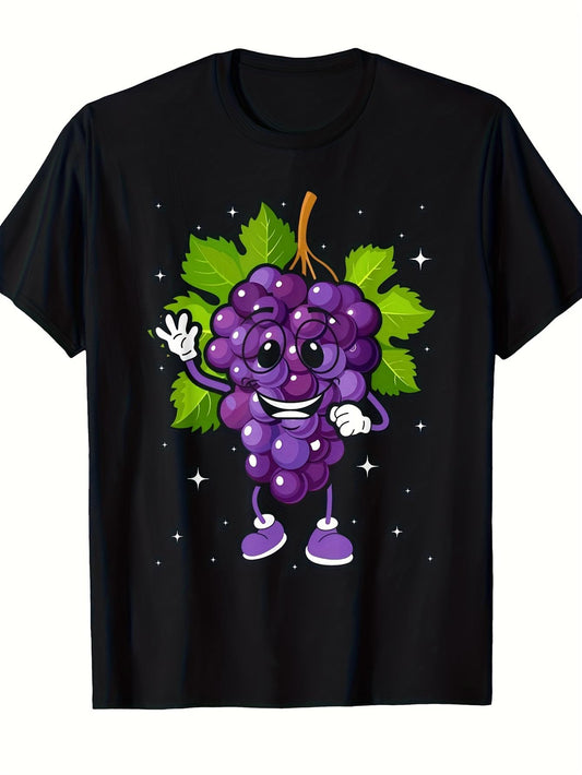 Men'S Vintage T-Shirt Featuring a Cheerful Grape Character And Grapevine Design - 100% Loose Fit, Casual Short Sleeves, Adorned with Purple And Green Grape Prints, Suitable for All Seasons, Machine Washable