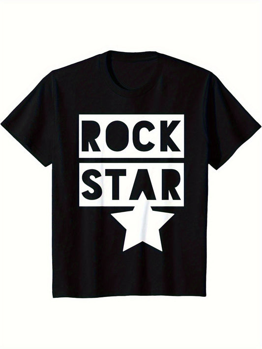 1pc Bold ROCK STAR Graphic Tee | Classic Rock Band Shirt with Loose Fit, Crew Neck, Short Sleeve, Machine Washable, Black, Unisex Top for Concerts, Casual Attire, All-Season Wear