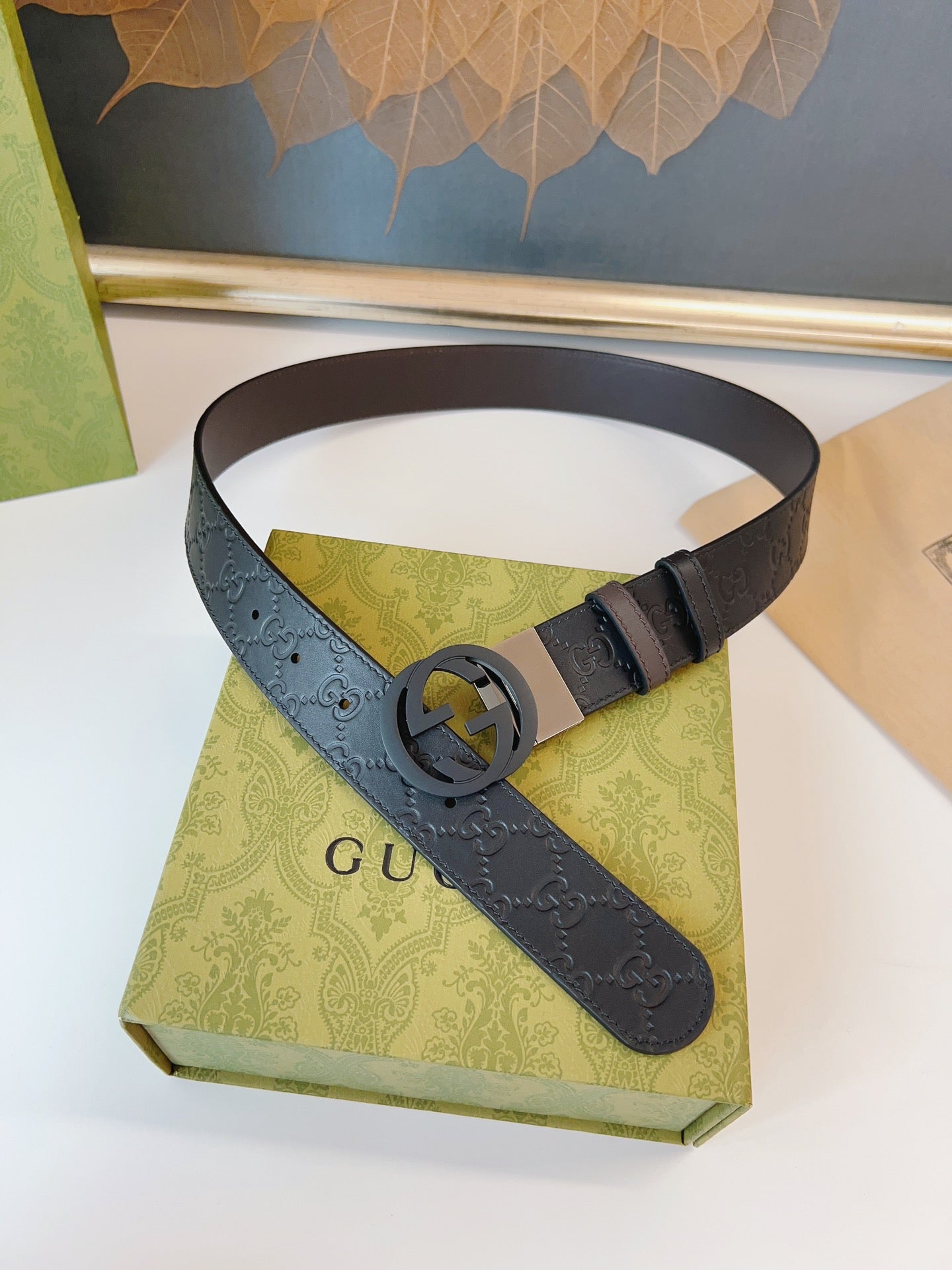 Gucci Supreme Belt Black Buckle 37mm Black Embossed Leather