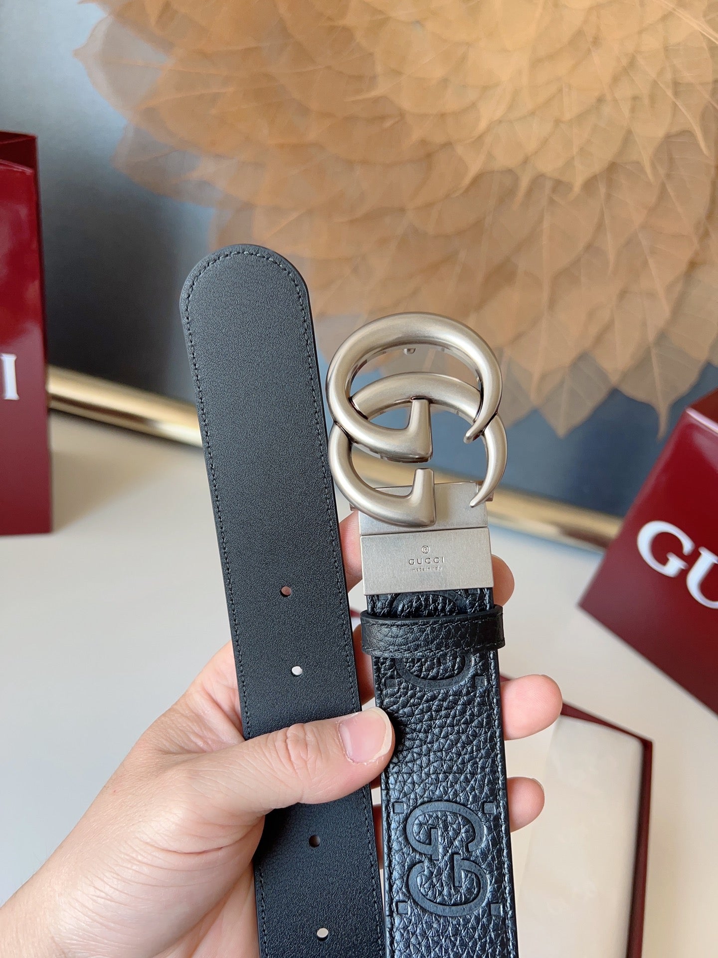 DOUBLE G MARMONT SLIVER BUCKLE 37MM BLACK  EMBOSSED LEATHER