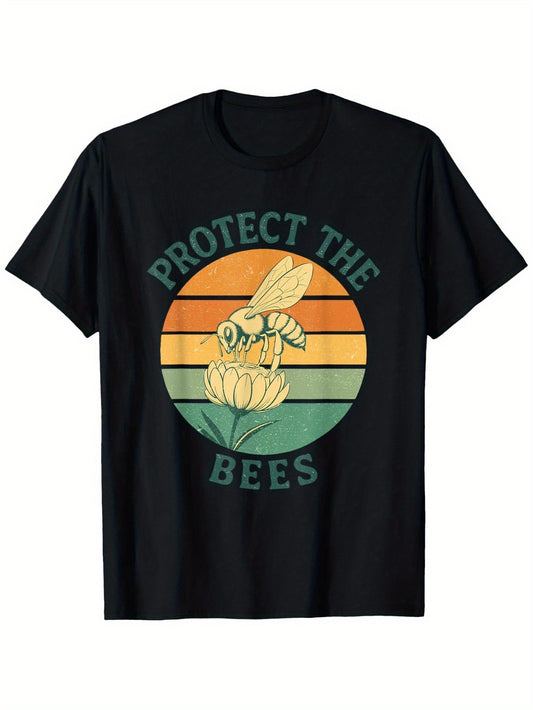Men's Vintage Beekeeping T-Shirt - Protect The Bees Graphic with Bee & Honeycomb Print, 100% Cotton 180gsm Heavyweight, Breathable Loose Fit Casual Round Neck, S-XXXL Sizes for Bee Lovers, Cottagecore Style & Bee Conservation Apparel