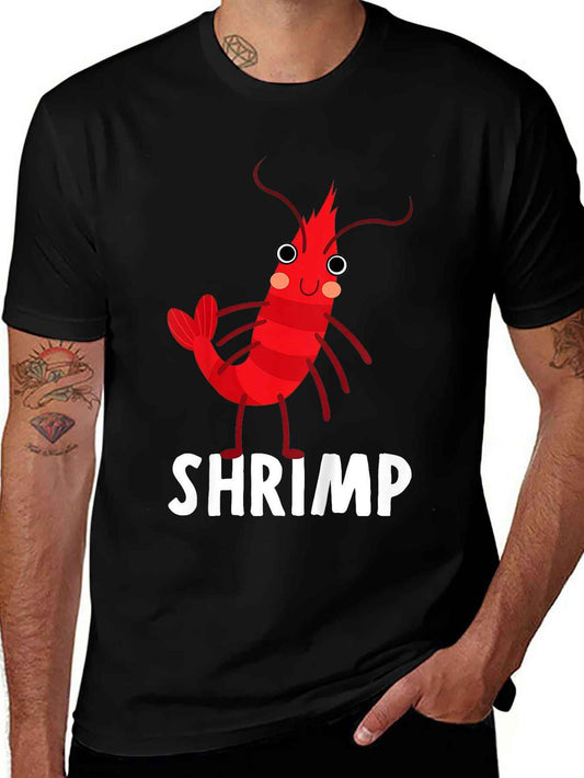 Men's Funny Shrimp Graphic T-Shirt - Red with White SHRIMP Print & Cartoon Seafood Design, Short Sleeve Round Neck Casual Tee for Seafood Lovers, BBQs, Parties, Casual Attire - Comfortable All-Season Fit for Seafood-Themed Outfits