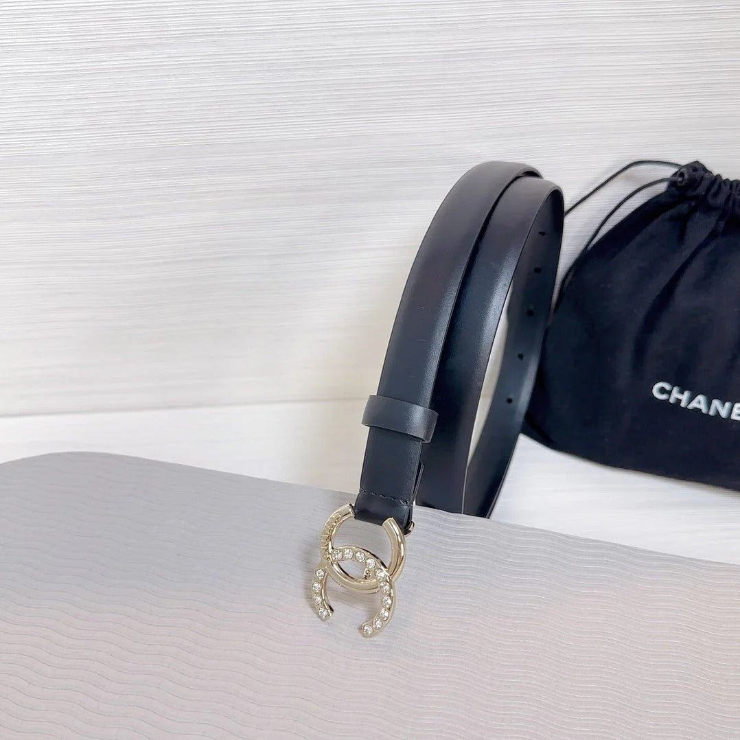 CC BELT 20 MM IN BLACK SMOOTH CALFSKIN GOLD HARDWARE ATTACH RHINSTONE