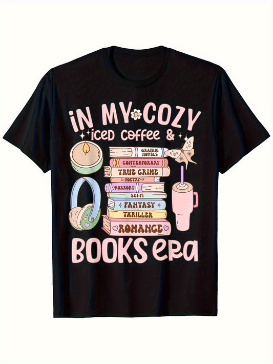Men's Vintage Bookstore & Coffee Shop Graphic T-Shirt - 100% Cotton 180gsm Loose Fit Casual Tee with Cozy Ice Coffee & Reading Design, Round Neck Short Sleeve Shirt for Year-Round