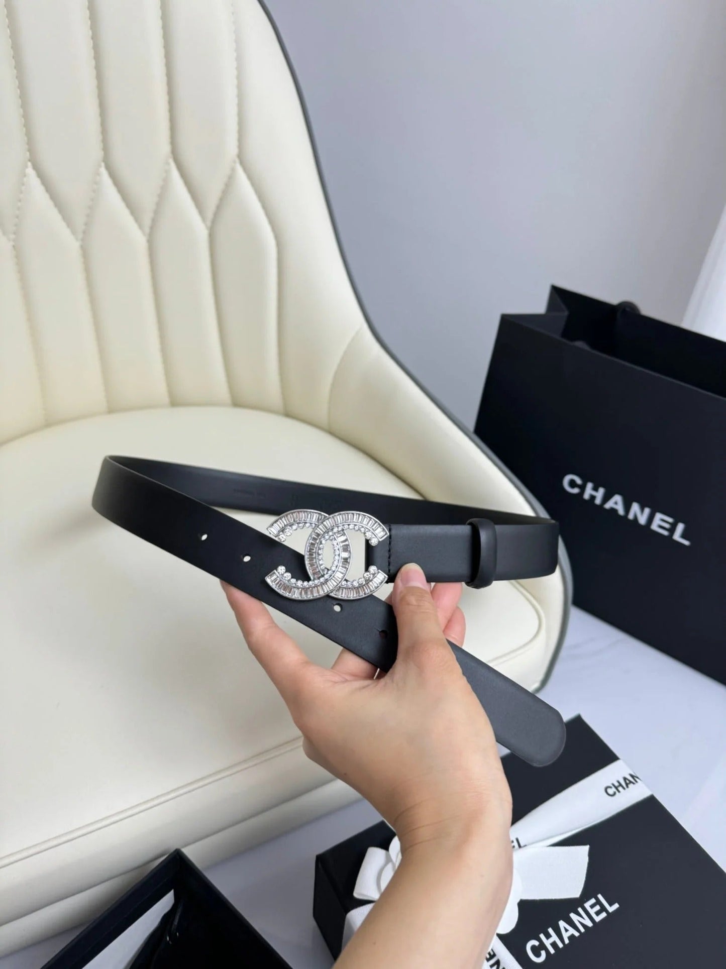 CC BELT 30MM IN BLACK SMOOTH CALFSKIN SILVER HARDWARE ATTACH RHINSTONE