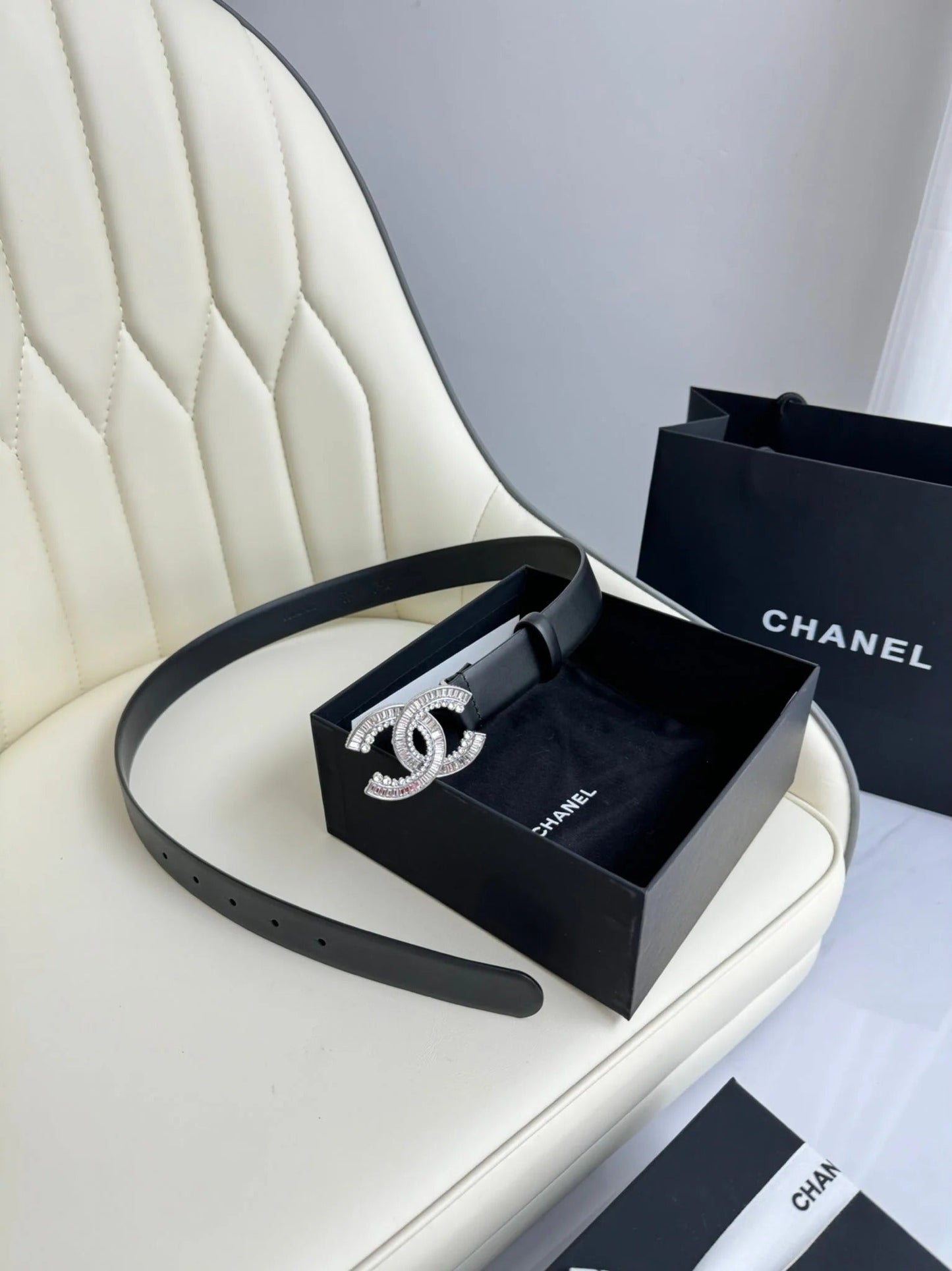CC BELT 30MM IN BLACK SMOOTH CALFSKIN SILVER HARDWARE ATTACH RHINSTONE