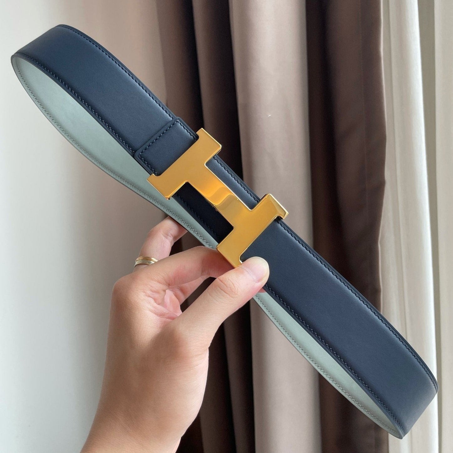 H CONSTANCE BELT 38MM GOLD BUCKLE PRUSSIAN BLUE SKY BLUE LEATHER