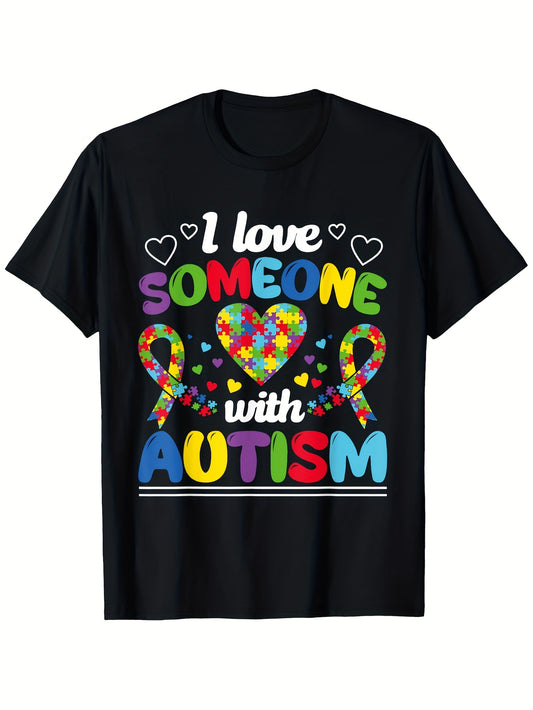 Autism Awareness I Love Someone with Autism Puzzle Heart Graphic T-Shirt - Unisex 100% Streetwear Casual Tee, Slight Stretch, All-Season Comfort, Sizes S-XXXL, Autism Shirt Same Style for Men and Women 2025 Summer Short-sleeved Printed T-shirt 180G