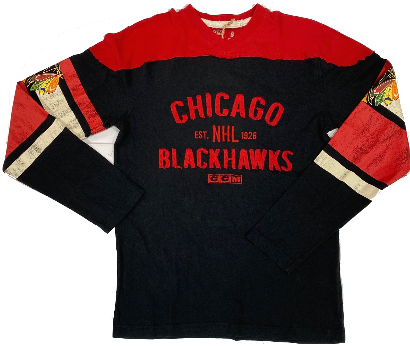 Chicago Blackhawks L/S Applique Crew Neck Tee-Black