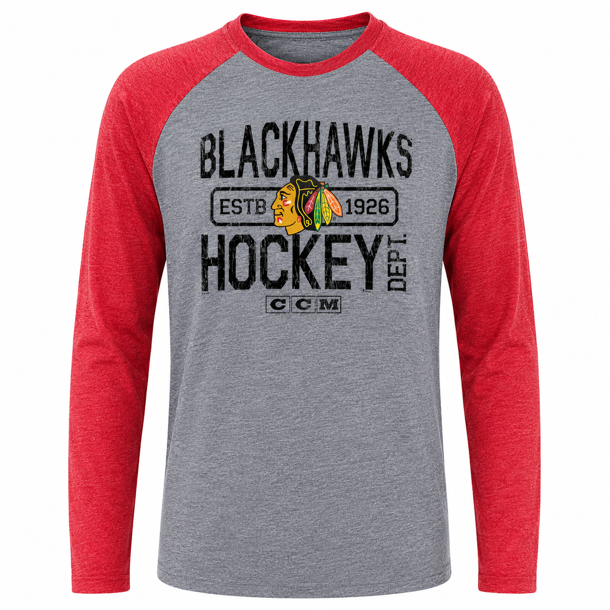 Youth Chicago Blackhawks CCM Tri-Blend Gray/Red Long Sleeve Crew Neck Tee