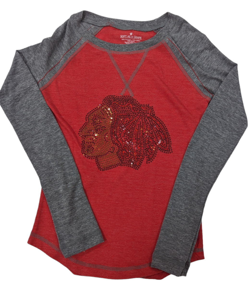 Women's Chicago Blackhawks NHL Soft As A Grape Red/Gray Blocked Bling Logo Long Sleeve Tee