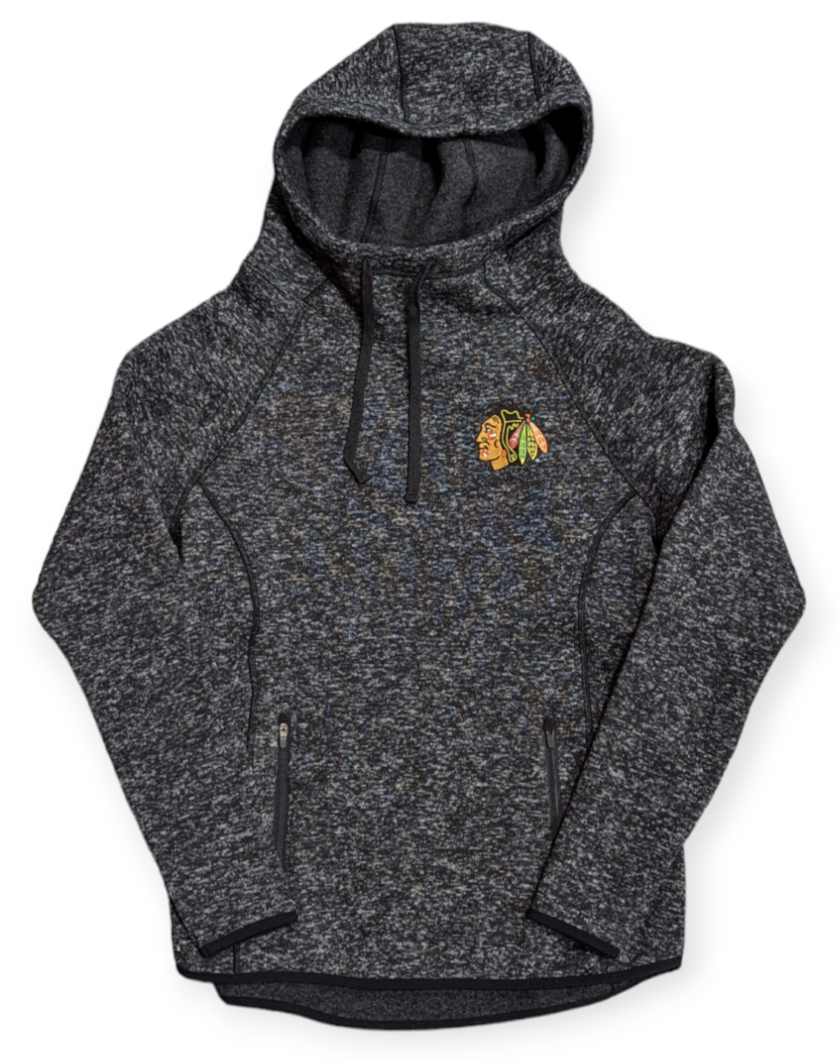 Women's Chicago Blackhawks Antigua Heathered Black Recruit Pullover Sweater