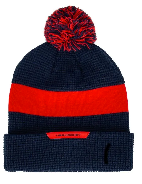 Men's USA Hockey Sideline Woven Patch Cuff Pom Knit By Nike-Flag