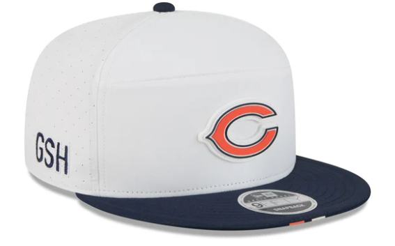 Men's Chicago Bears New Era White/Navy Secondary Logo 2025 NFL Training Camp Split Panel 9FIFTY Snapback Hat