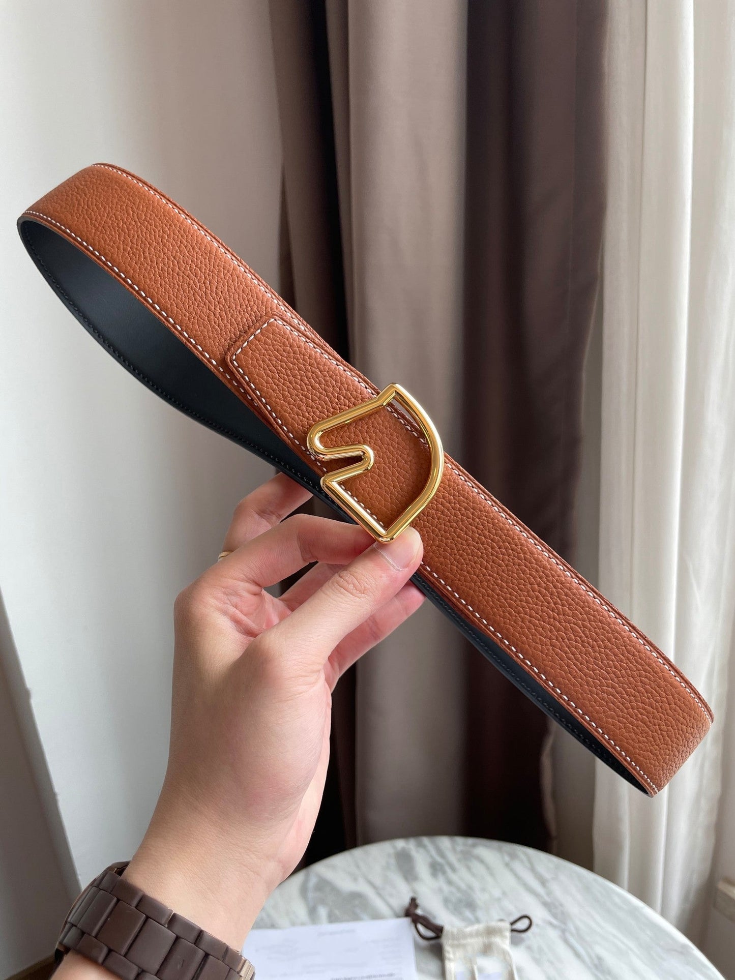 H BELT HORSE BUCKLE BROWN BLACK LEATHER REVERSIBLE  3.8CM