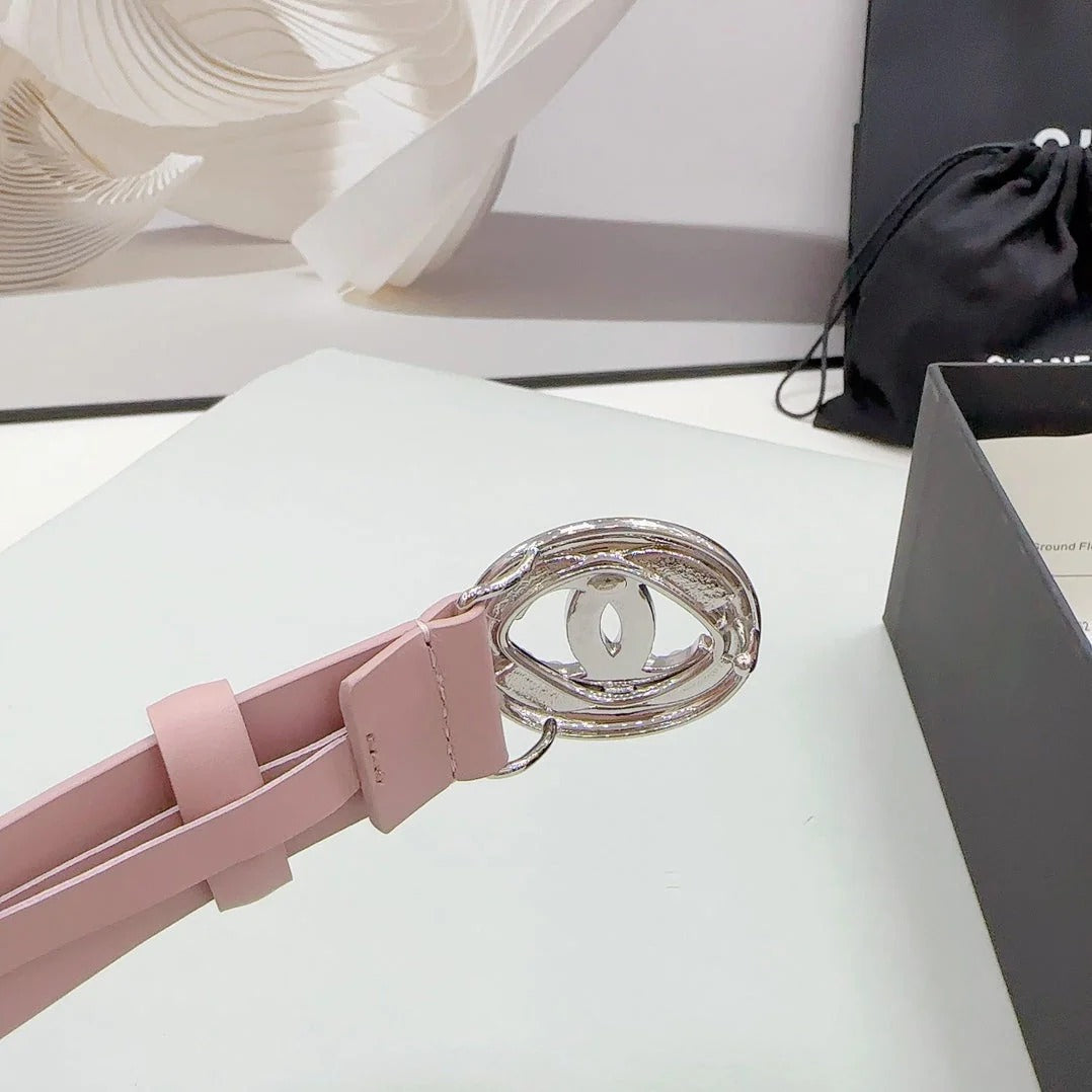 CC 30MM BELT IN FLAMINGO PINK CALFSKIN SILVER HARDWARE ATTACH PEARLS
