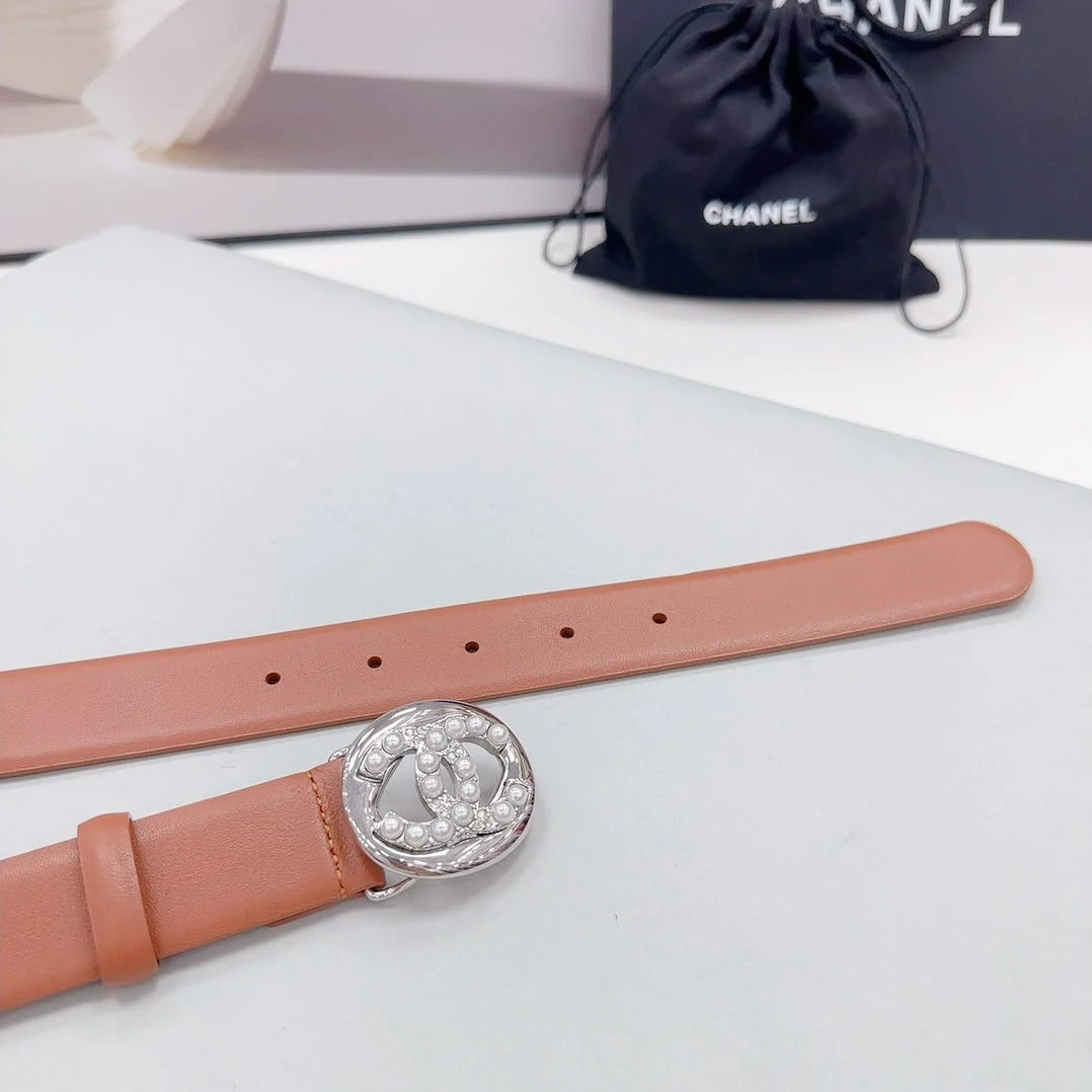 CC 30MM BELT IN ALLOY ORANGE CALFSKIN SILVER HARDWARE ATTACH PEARLS