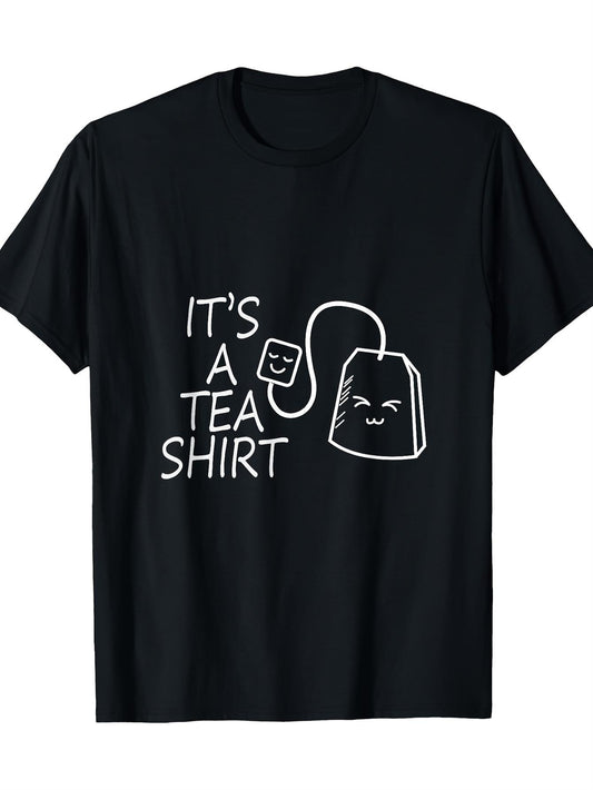 Women's Funny "It's A Tea Shirt" T-Shirt - 100% Tea Themed Casual Short Sleeve Tee with Cat & Teapot Graphic, Black with White Lettering, Glossy Fabric for Tea Lovers, Parties & Casual Attire