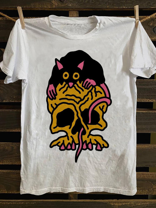 Men's Retro Computer Icon Graphic T-Shirt - 100% Cotton Soft Round Neck Tee with Skull & Mouse Print, Casual Streetwear Short Sleeve Shirt for Tech-Themed Outfits, Birthday & Holiday Gifts