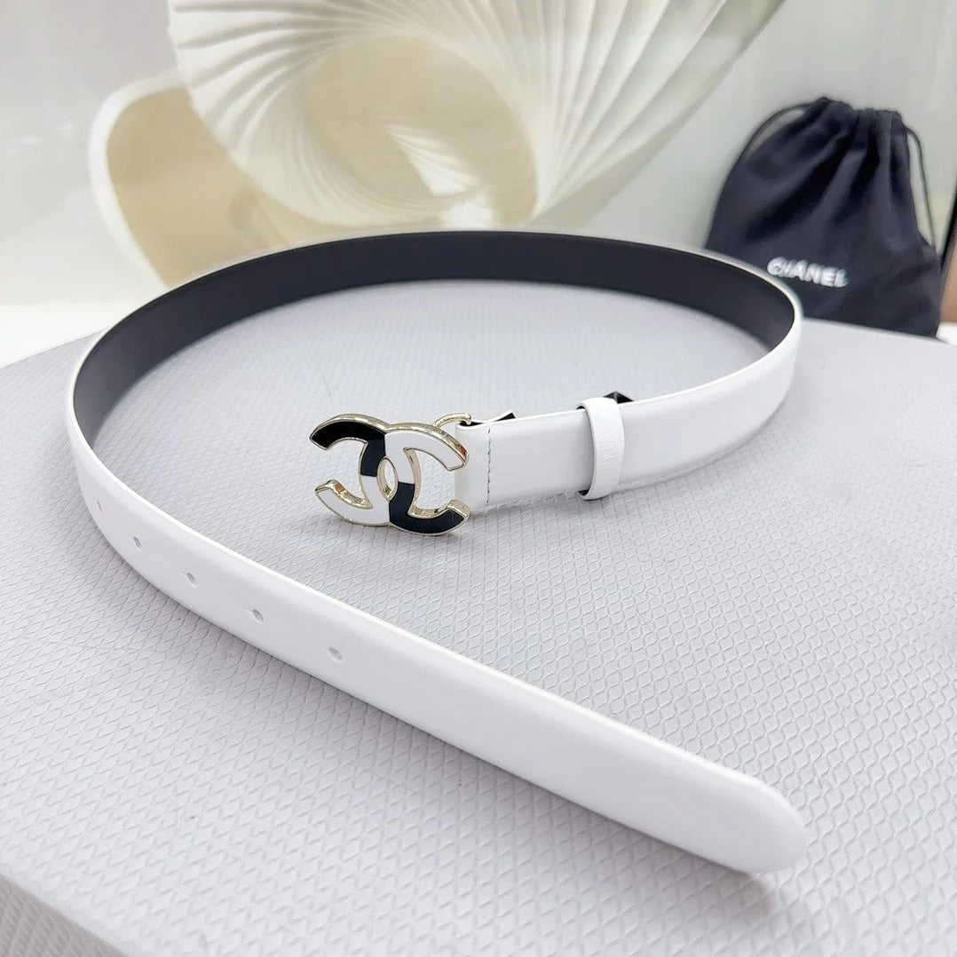 CC BELT 30 MM BLACK MIX WHITE CALFSKIN WITH METAL LOGO