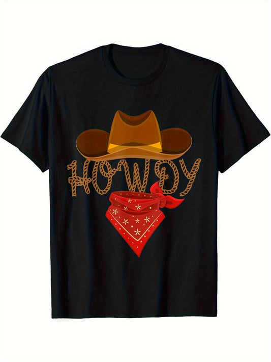 Men'S Retro Western Cowboy Distressed Denim Tee Featuring a HOWDY Print And Cowboy Hat Design - Comfortable Short-Sleeve Casual Shirt Ideal for Country Music Festivals, Rodeos