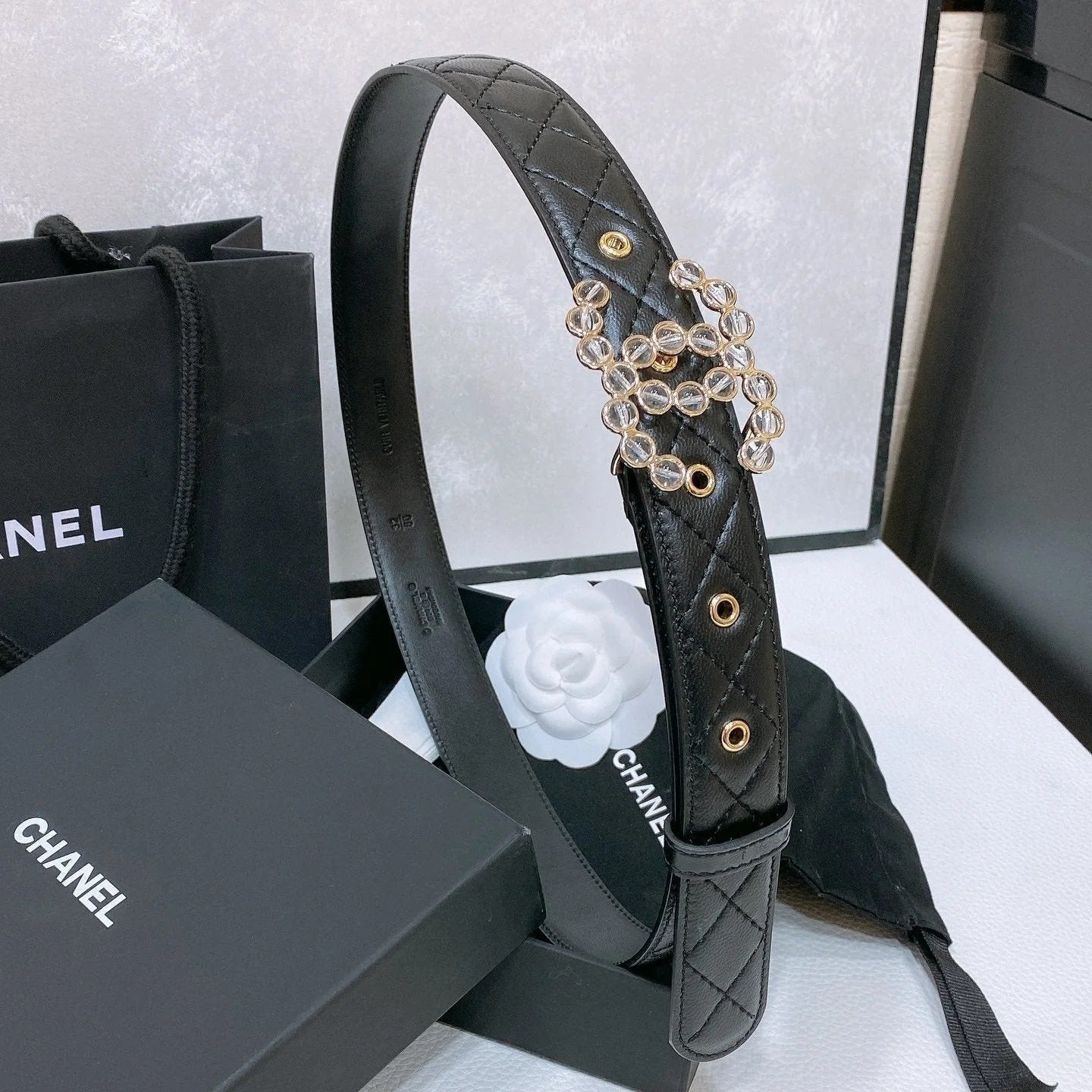 CC BELT 30 MM IN BLACK EMBROIDERED CALFSKIN PEARL LOGO WITH GOLD HARDWARE