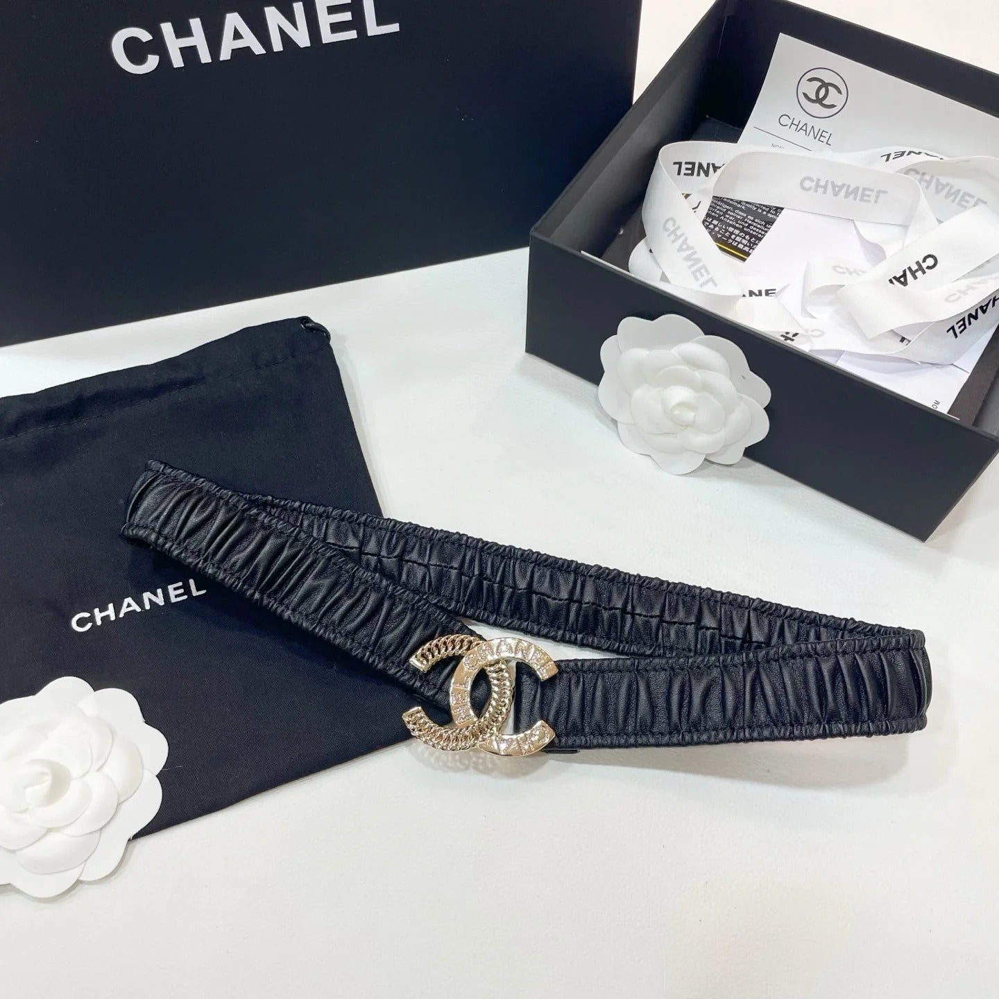 DOUBLE C ELASTIC BELT 30MM IN BLACK CALFSKIN GOLD CRYSTAL EMBELLISHED BUCKLE