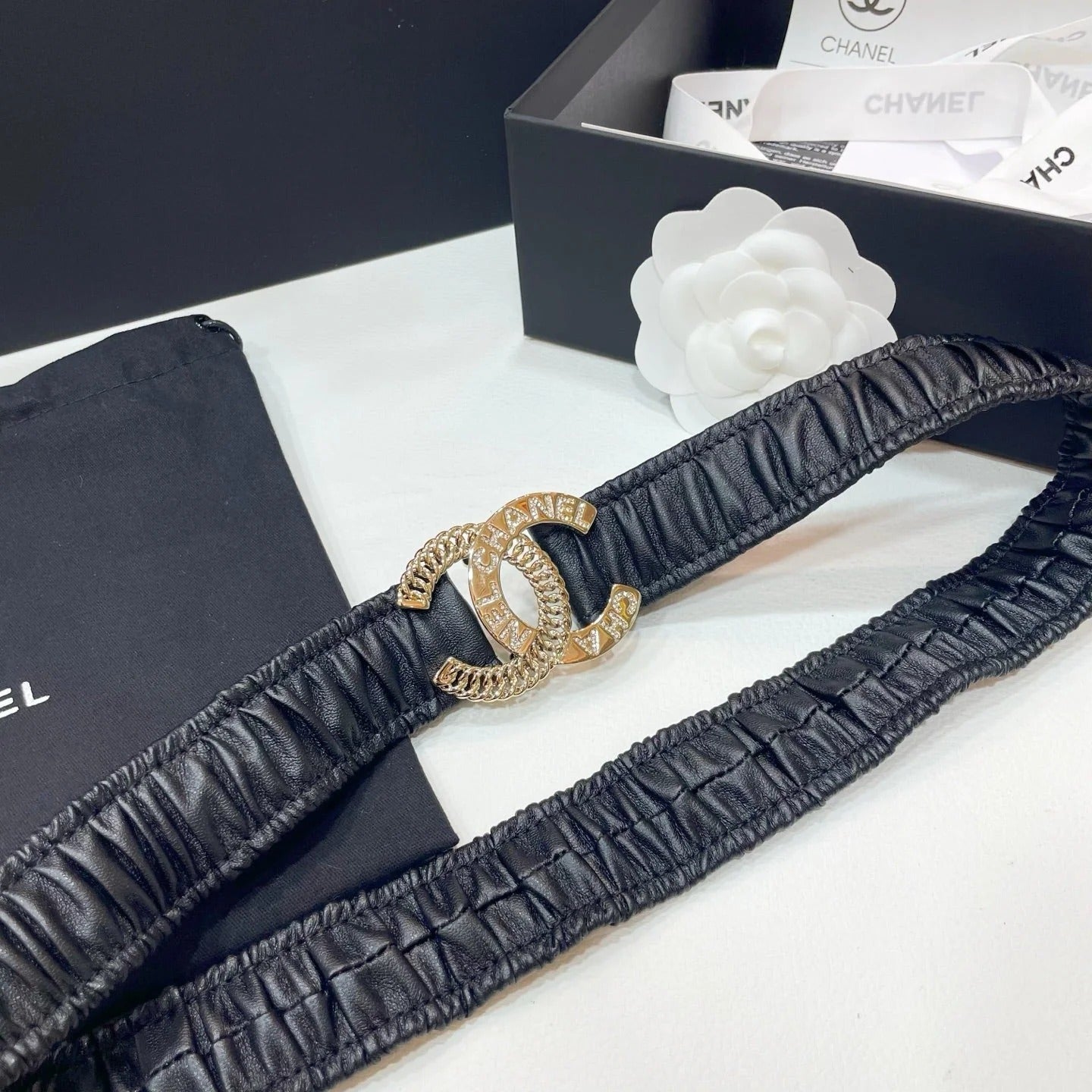 DOUBLE C ELASTIC BELT 30MM IN BLACK CALFSKIN GOLD CRYSTAL EMBELLISHED BUCKLE