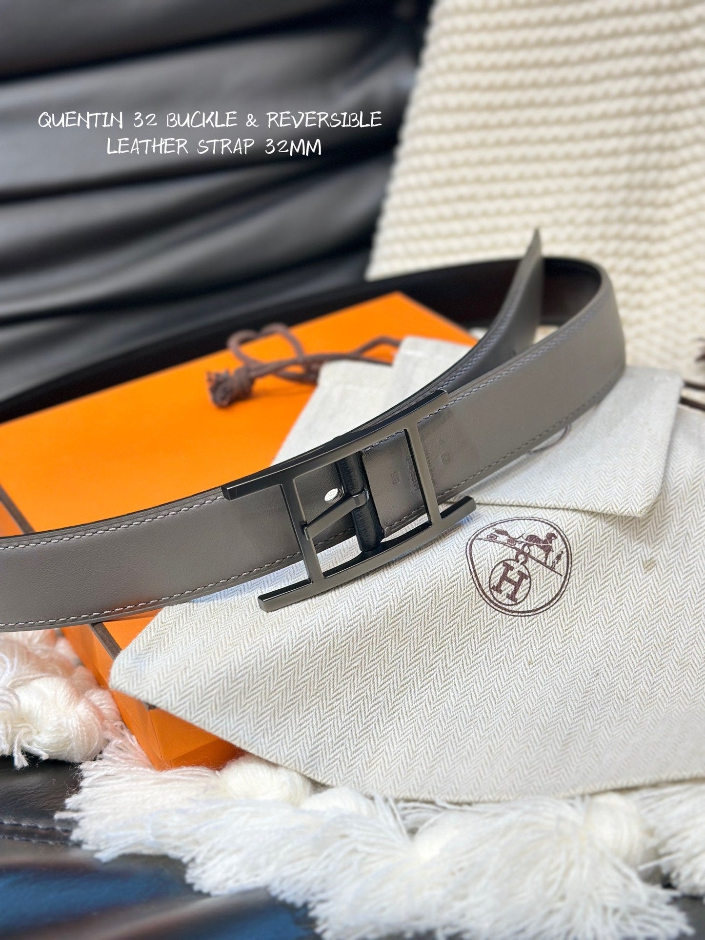 HM QUENTIN 32MM REVERSIBLE BELT BLACK AND KHAKI BROWN LEATHER BLACK HARDWARE