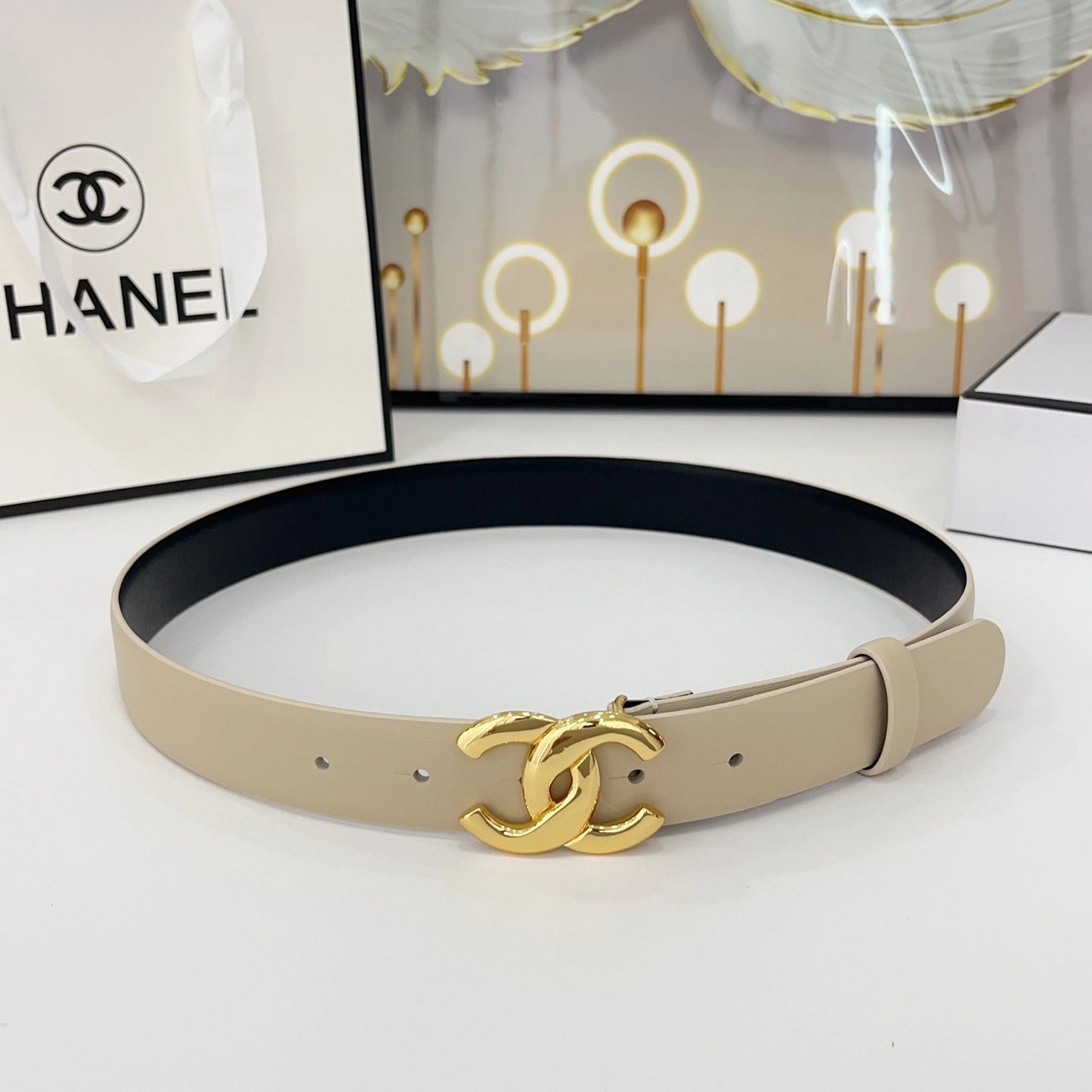 DOUBLE C BELT 30MM IN BEIGE CALFSKIN WITH SHINY GOLD BUCKLE