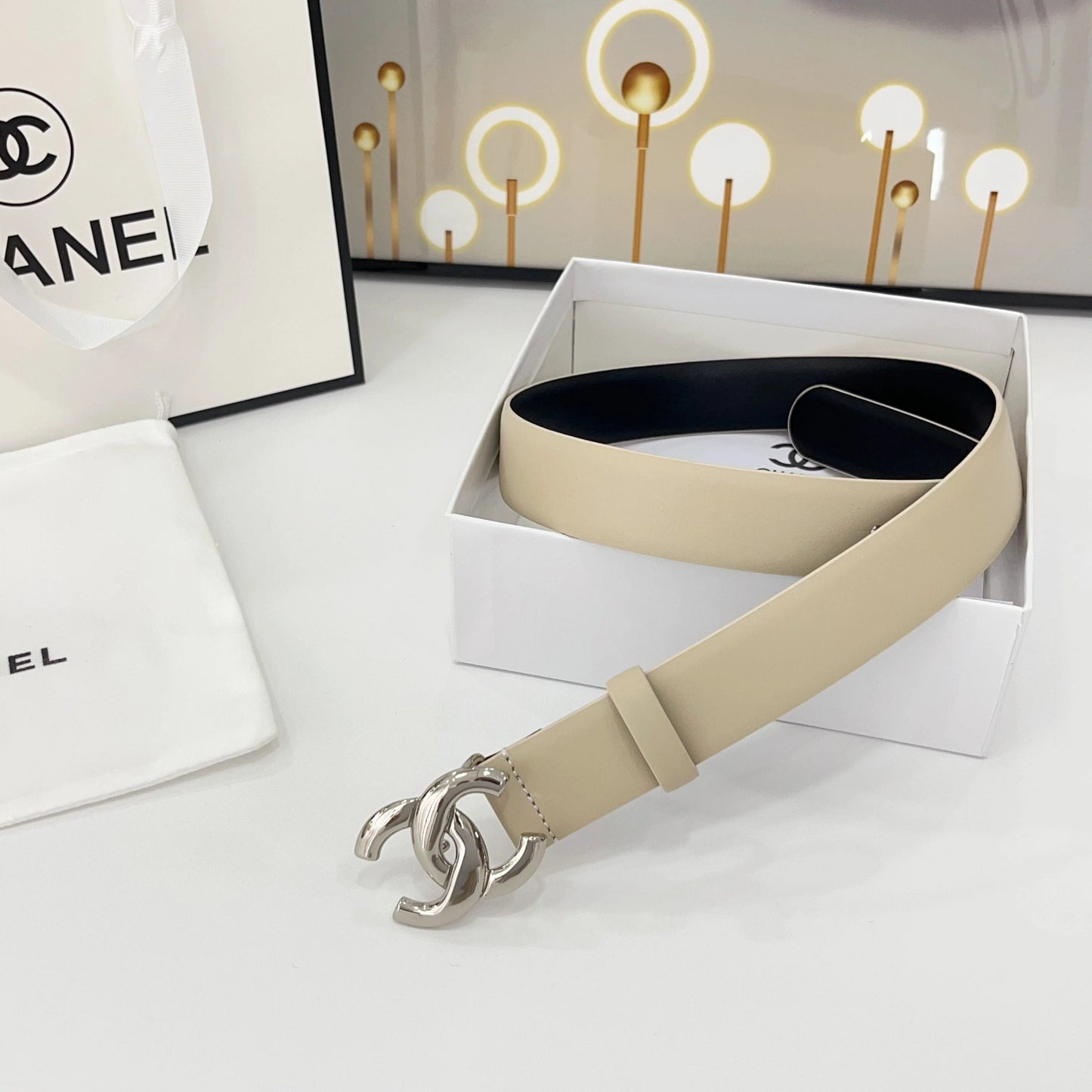 DOUBLE C BELT 30MM IN BEIGE CALFSKIN WITH SHINY SILVER BUCKLE