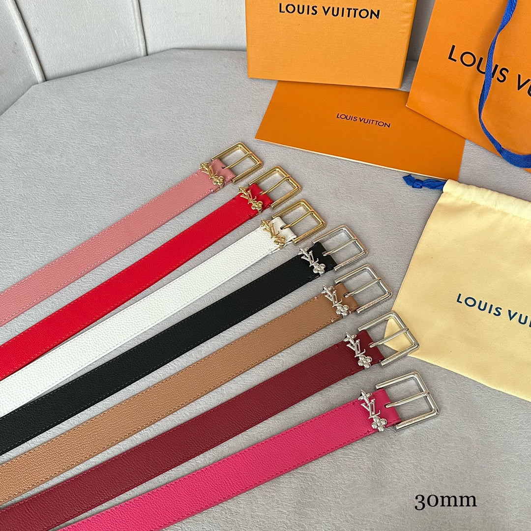 LV Bloom 30mm Belt Silver Buckle Beige Brown Leather