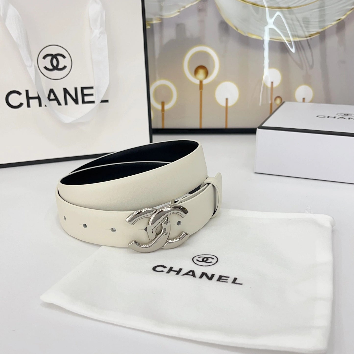 DOUBLE C BELT 30MM IN WHITE CALFSKIN WITH SHINY SILVER BUCKLE