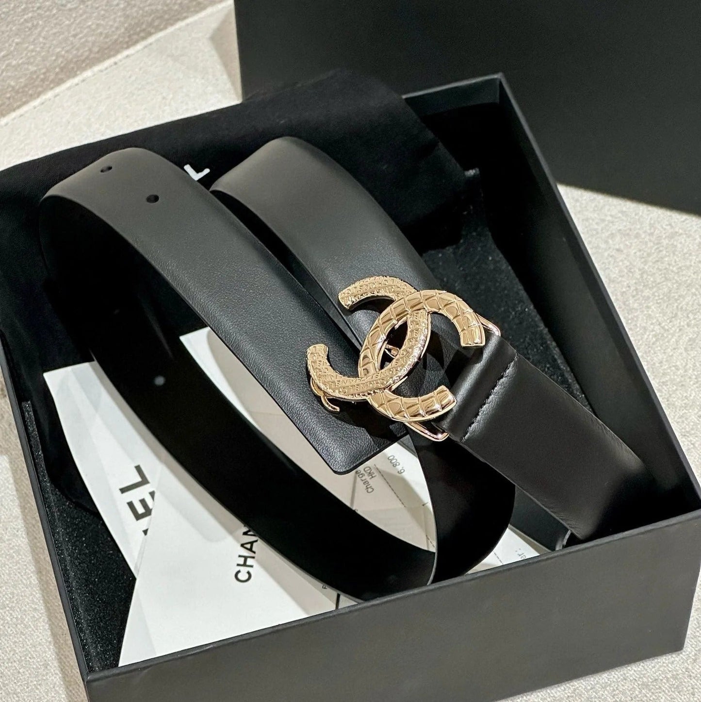 DOUBLE C BELT 30MM IN BLACK CALFSKIN WITH GOLD HARDWARE AND CARO STITCHING