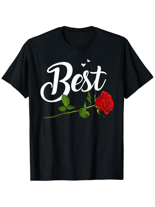 Mens & Womens Best Friend Forever Matching Couple T-Shirts - 100% Cotton 180gsm Heavyweight Casual Round Neck Short Sleeve Tees with White Cursive Lettering & Red Rose Design - Funny BFF Gift for Valentines Day, Birthdays, Anniversaries( S-XXXL)