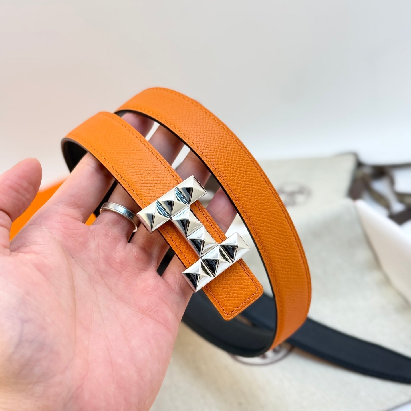 HM Infini Reversible Belt 24mm Orange Epsom Silver Buckle