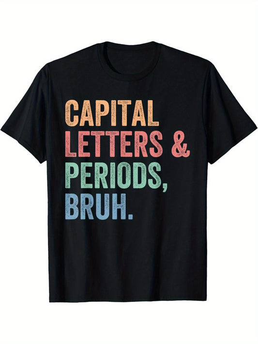 Humorous Teacher T-Shirt - Featuring Text And Punctuation, Stylish Color Block Design, Black Short Sleeve Crew Neck Tee with Vibrant Punctuation, Perfect Gift for Teachers And Grammar Enthusiasts