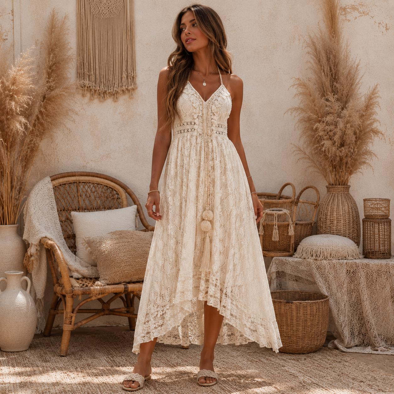 Women Lace Maxi Dress, V Neck Sleeveless Summer Beach Dress, Elegant Hollow Out Vacation Dress, Flowy Elegant Sundress, Resort Wear