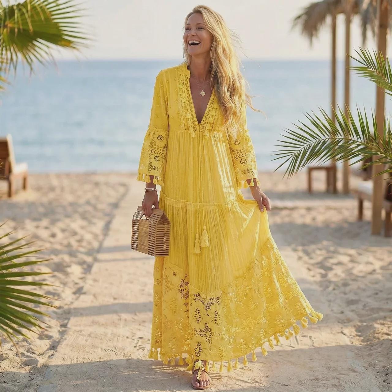 Boho Maxi Dress for Women, Lace Beach Dress, Flowy Vacation Outfit, Romantic Summer Dress, Elegant Resort Wear Dress
