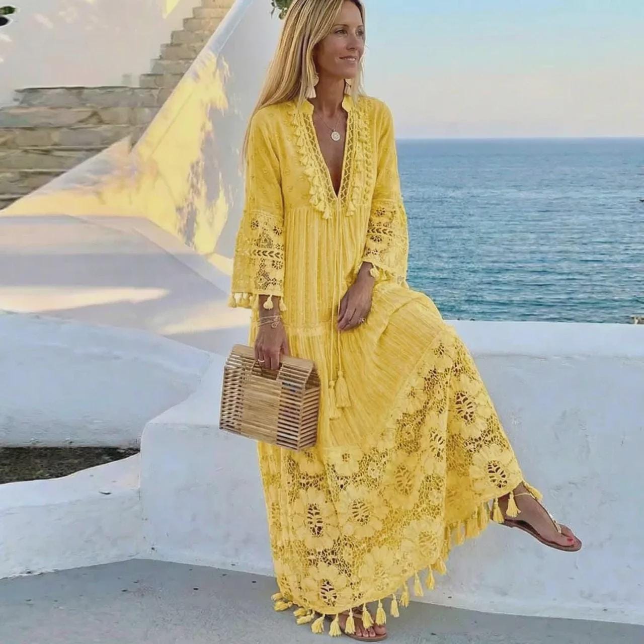 Boho Maxi Dress for Women, Lace Beach Dress, Flowy Vacation Outfit, Romantic Summer Dress, Elegant Resort Wear Dress