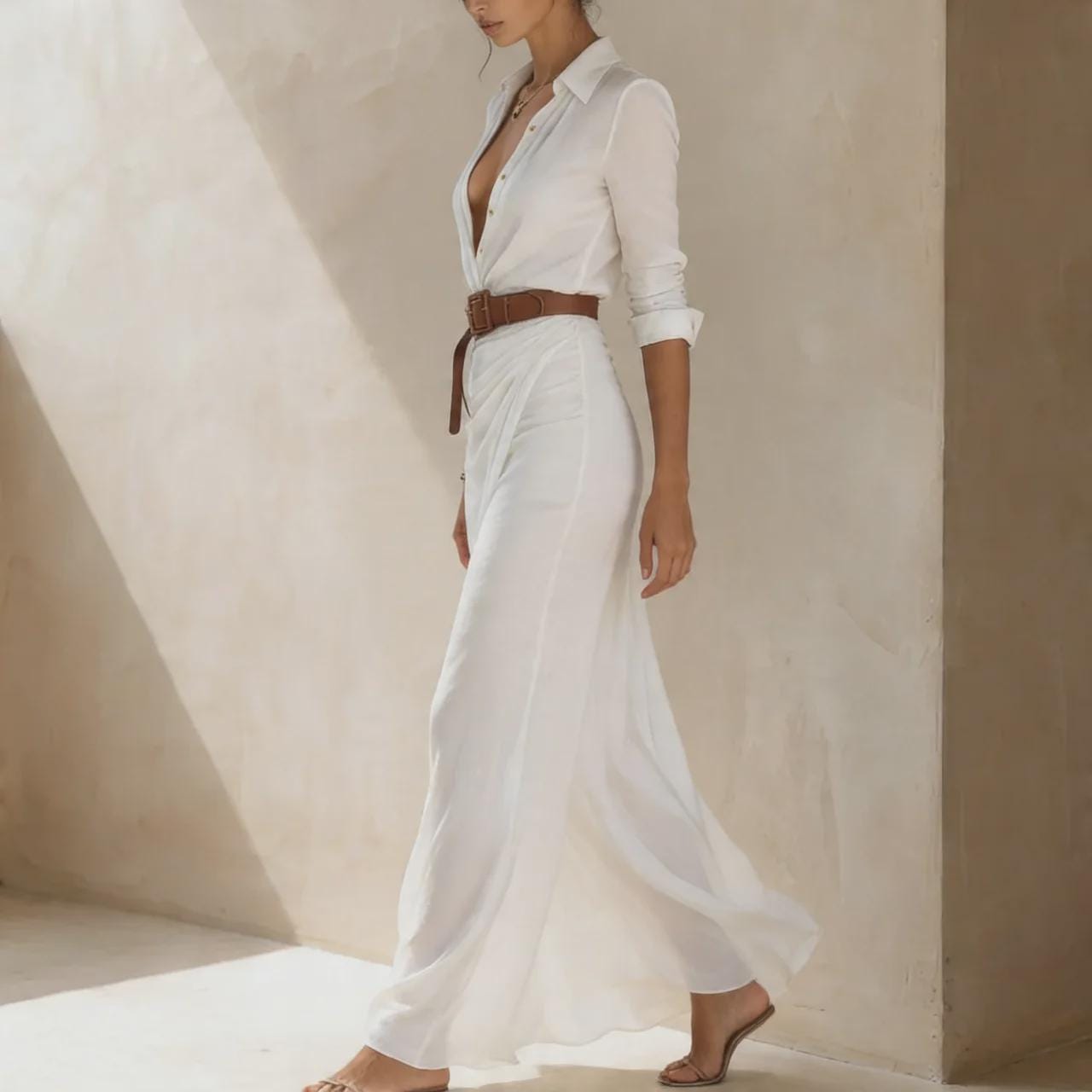 Luxury Maxi Shirt Dress for Women, Elegant Designer Style Dress, Stylish Belted Evening Dress, Timeless Feminine Dress