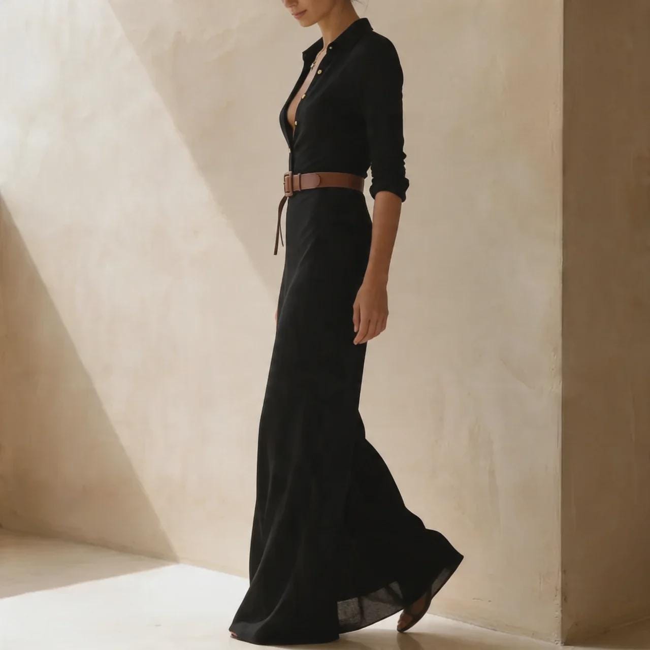 Luxury Maxi Shirt Dress for Women, Elegant Designer Style Dress, Stylish Belted Evening Dress, Timeless Feminine Dress
