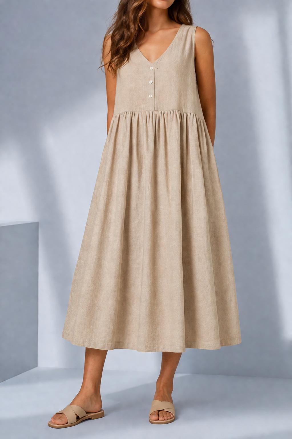 Linen Midi Dress, Sleeveless V Neck, Minimalist Loose Fit Summer Wear, Button Front Boho Style, Beach Outfit,