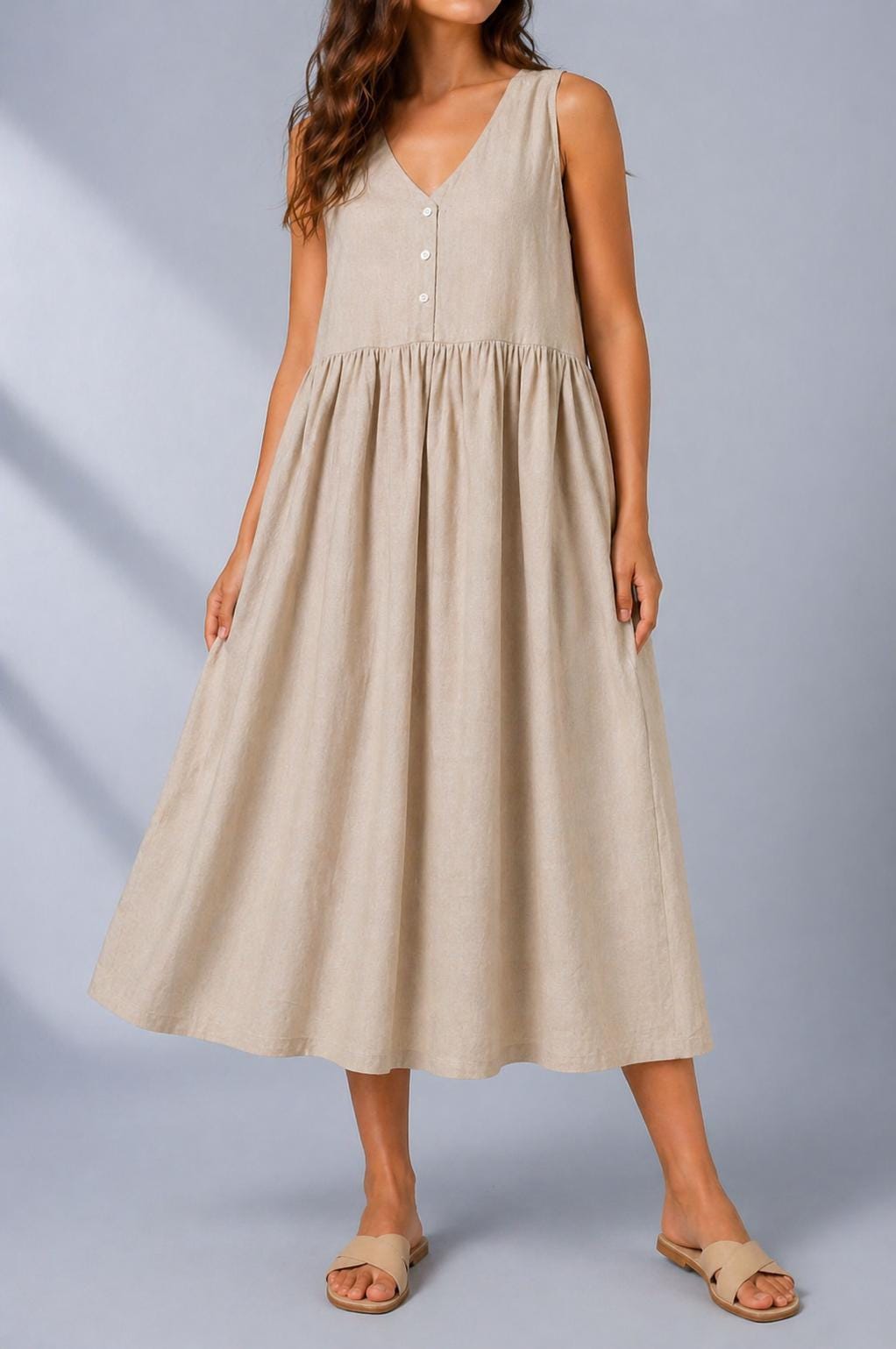 Linen Midi Dress, Sleeveless V Neck, Minimalist Loose Fit Summer Wear, Button Front Boho Style, Beach Outfit,